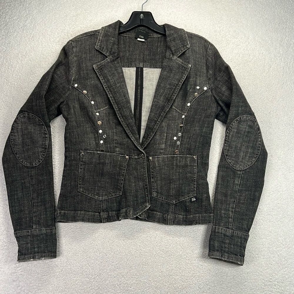 FUBU Womens Black Denim Blazer Studded Western Jacket Medium Y2K Streetwear